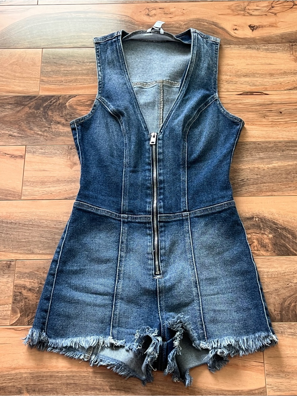 GUESS Y2K Denim Romper XS Zip Front Medium Wash Frayed Hem Festival Clubwear